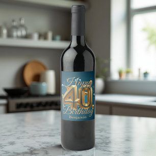Étiquette Pour Bouteilles De Vin Elégant Luxueux Bleu et Or 40e anniversaire