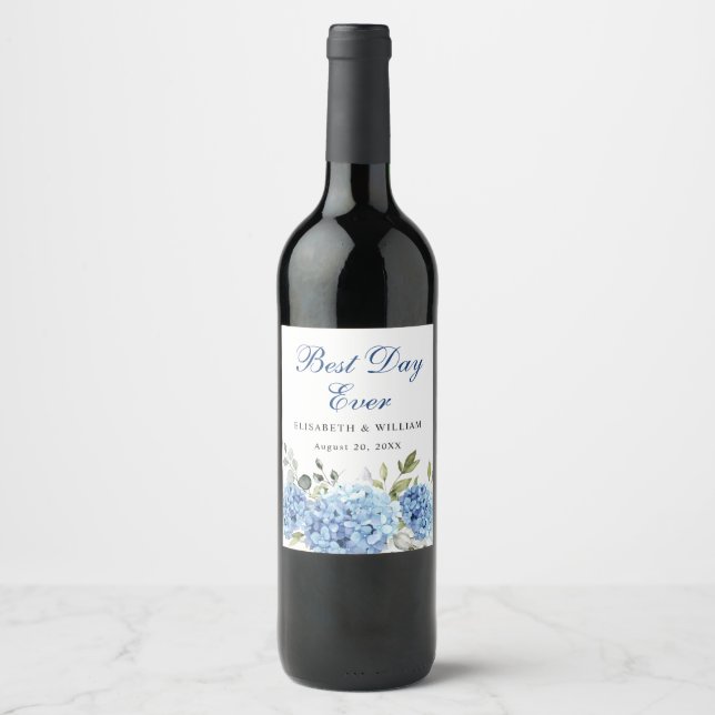 Étiquette Pour Bouteilles De Vin Élégant Mariage bleu Hydrangea Eucalyptus (Devant)