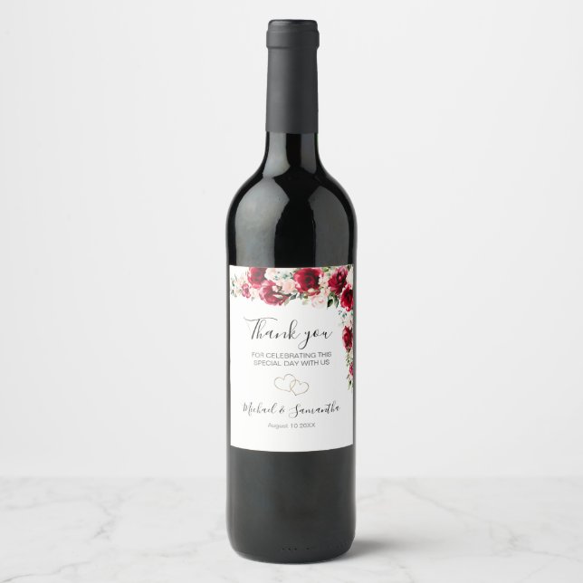 Étiquette Pour Bouteilles De Vin Élégant Mariage Blush et Red Roses (Devant)