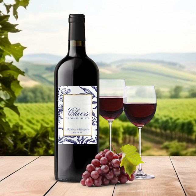 Étiquette Pour Bouteilles De Vin Élégant Mariage botanique en or bleu marine (Elegant Navy Blue Gold Botanical Wedding Wine Label)