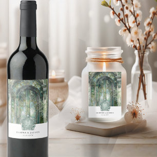 Étiquette Pour Bouteilles De Vin Élégant Mariage d'aquarelle verte monogramme
