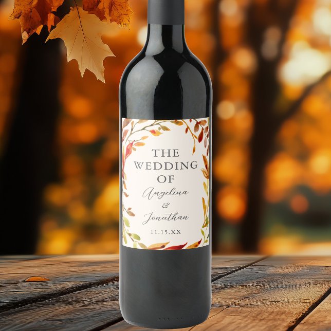 Étiquette Pour Bouteilles De Vin Élégant Mariage d'automne Feuilles personnalisés (Créateur téléchargé)