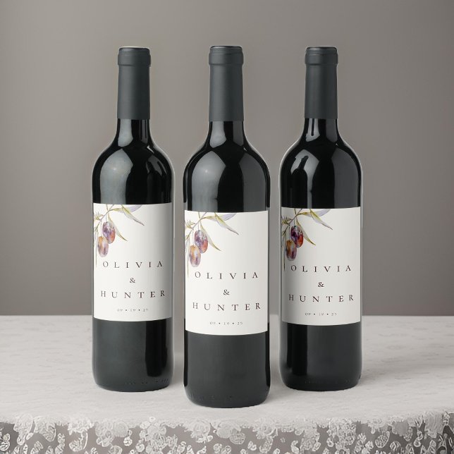 Étiquette Pour Bouteilles De Vin Élégant Mariage de branche d'olive aquarelle (Créateur téléchargé)