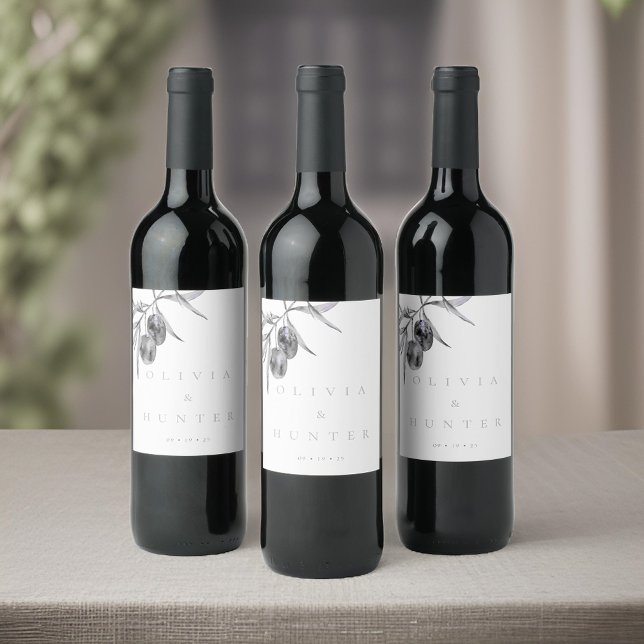 Étiquette Pour Bouteilles De Vin Élégant Mariage de branche d'olive aquarelle (Créateur téléchargé)