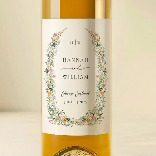 Étiquette Pour Bouteilles De Vin Élégant Mariage de couronne Fleur sauvage (Créateur téléchargé)
