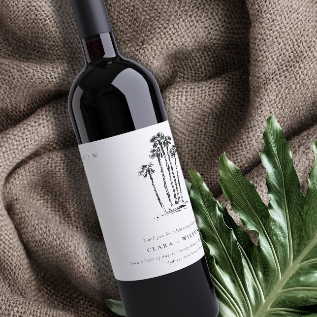 Étiquette Pour Bouteilles De Vin Élégant Mariage de croquis de palmier côtier tropi (Créateur téléchargé)