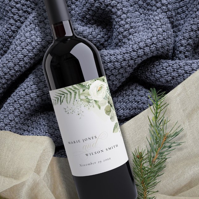 Étiquette Pour Bouteilles De Vin Elégant Mariage de feuillage de Ferne Eucalyptus (Créateur téléchargé)