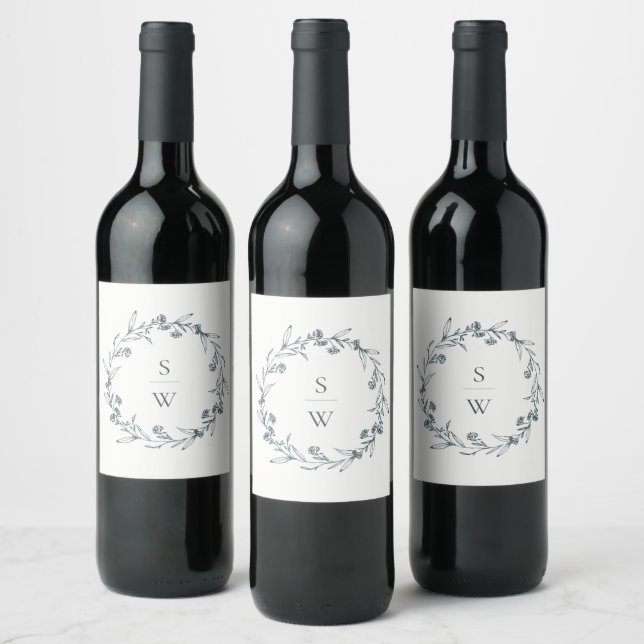 Étiquette Pour Bouteilles De Vin Élégant Mariage de monogramme de couronne de lauri (Bouteilles)