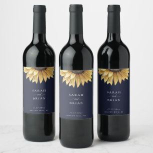 Étiquette Pour Bouteilles De Vin Elégant Mariage de tournesol bleu marine
