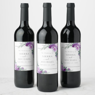 Étiquette Pour Bouteilles De Vin Élégant Mariage d'Eucalyptus Floral Purple & Argen