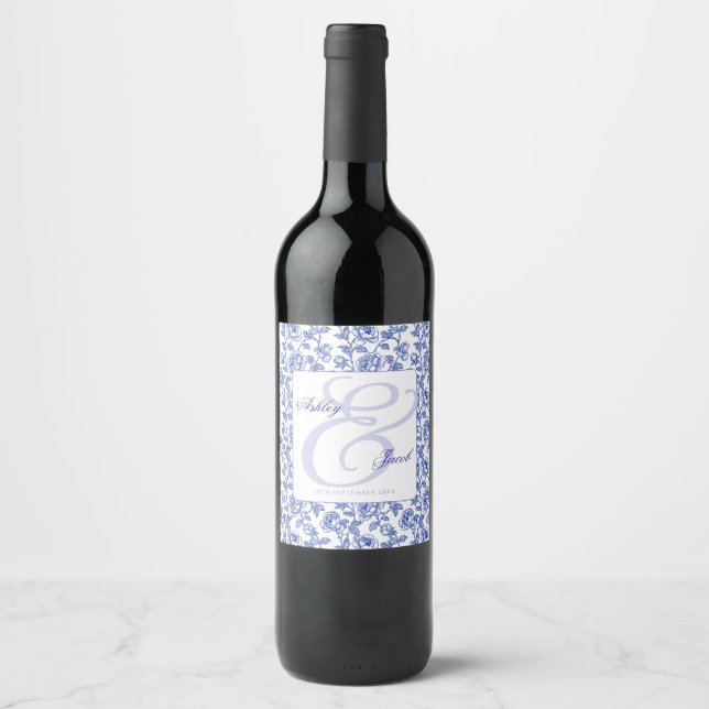 Étiquette Pour Bouteilles De Vin Élégant mariage floral bleu &  (Devant)