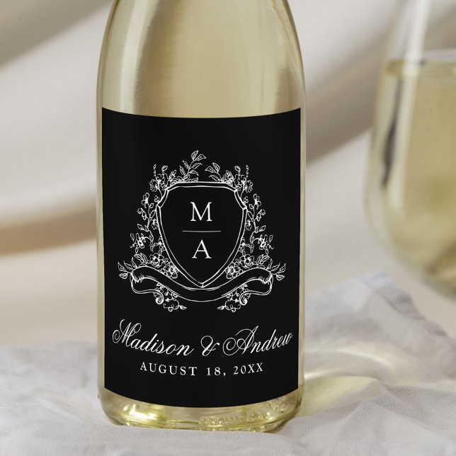 Étiquette Pour Bouteilles De Vin Élégant Mariage Floral Crest Monogramme noir (Créateur téléchargé)