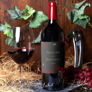 Étiquette Pour Bouteilles De Vin Élégant Mariage floral noir et rouge personnalisé