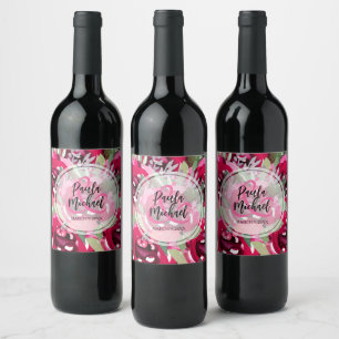 Étiquette Pour Bouteilles De Vin Élégant Mariage floral rose chaud