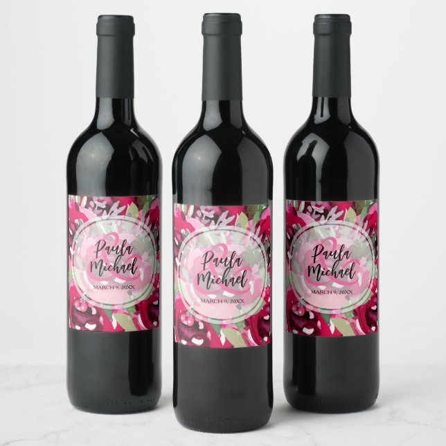 Étiquette Pour Bouteilles De Vin Élégant Mariage floral rose chaud (Bouteilles)