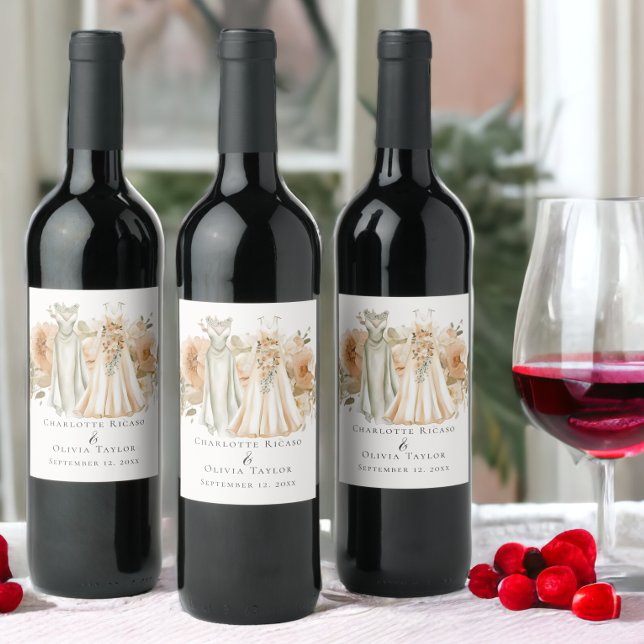 Étiquette Pour Bouteilles De Vin Élégant Mariage gay deux mariées en robe (Elegant Gay Wedding Two Brides in Dresses Wine Labels from Ricaso. Easy to personalize with own text)