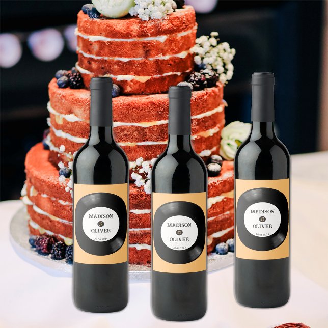 Étiquette Pour Bouteilles De Vin Élégant Mariage rétro noir et blanc disque vinyle (Créateur téléchargé)