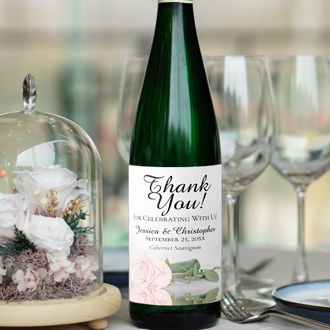 Étiquette Pour Bouteilles De Vin Élégant Merci de Mariage rose rose pâle (Créateur téléchargé)