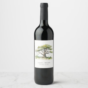 Étiquette Pour Bouteilles De Vin Elégant minimal vert aquarelle Mariage chêne arbre