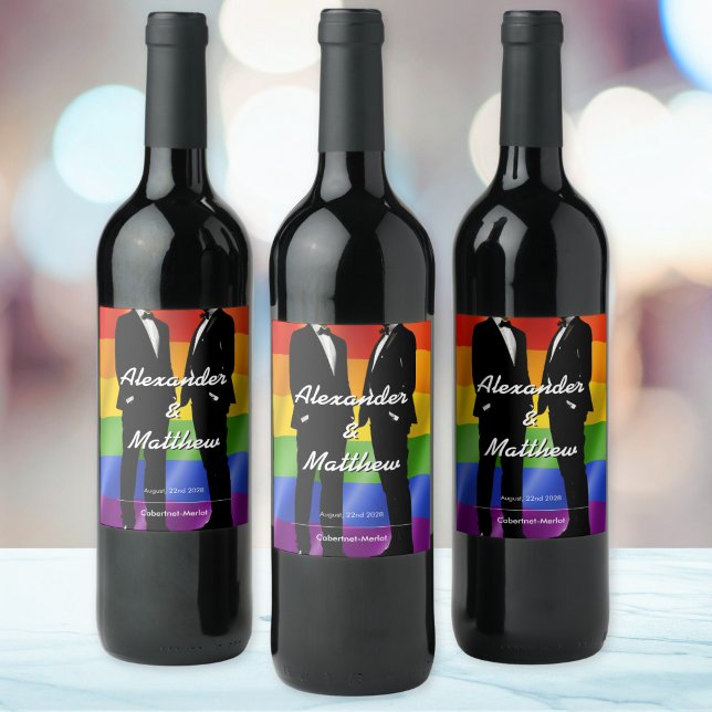 Étiquette Pour Bouteilles De Vin Elegant Modern Gay Men Wedding Rainbow (Créateur téléchargé)