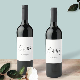 Étiquette Pour Bouteilles De Vin Élégant Monogramme Mariage noir et blanc
