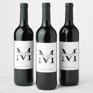 Étiquette Pour Bouteilles De Vin Élégant Monogramme Mariage Script Blanc Noir