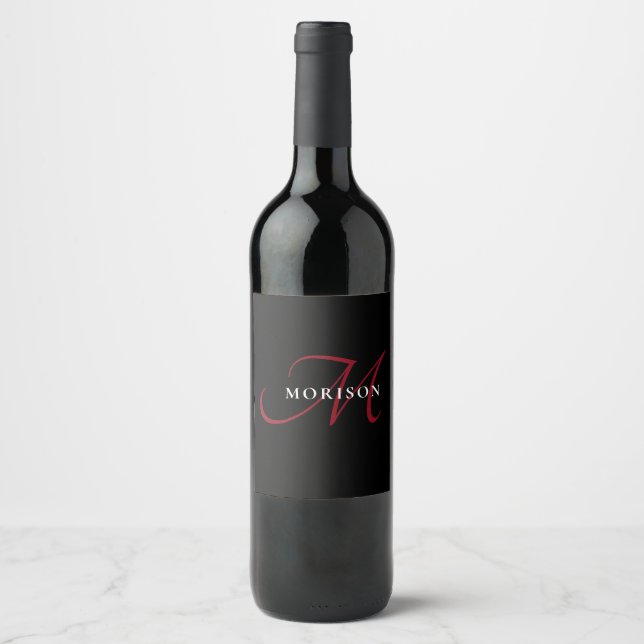 Étiquette Pour Bouteilles De Vin Élégant Monogramme moderne noir rouge (Devant)
