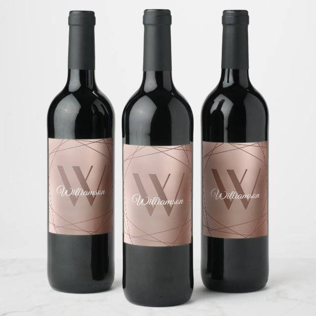 Étiquette Pour Bouteilles De Vin Élégant Monogramme Rose Gold Nom Script géométriqu (Bouteilles)