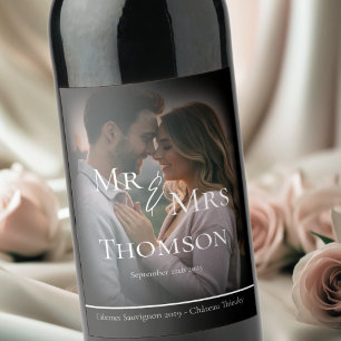 Étiquette Pour Bouteilles De Vin Elégant Mr & Mrs photo noir mariage d'hiver