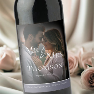 Étiquette Pour Bouteilles De Vin Elégant Mr & Mrs photo sombre gris mariage d'hiver