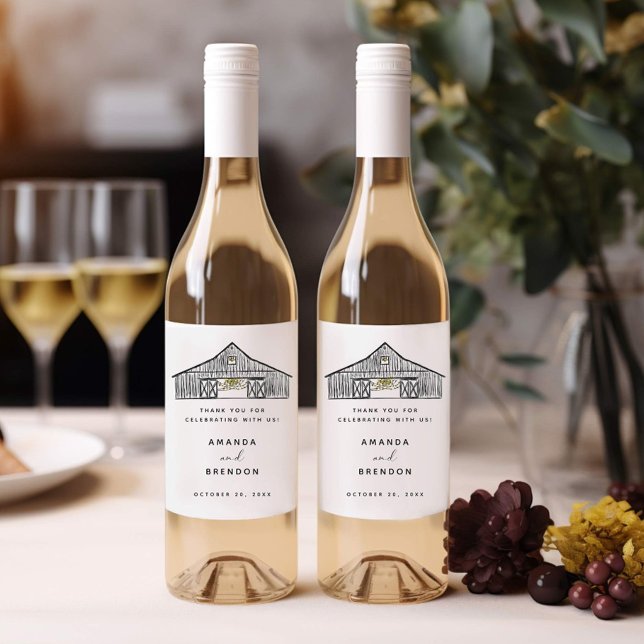 Étiquette Pour Bouteilles De Vin Élégant noir et blanc Mariage de la grange Étiquet (Créateur téléchargé)