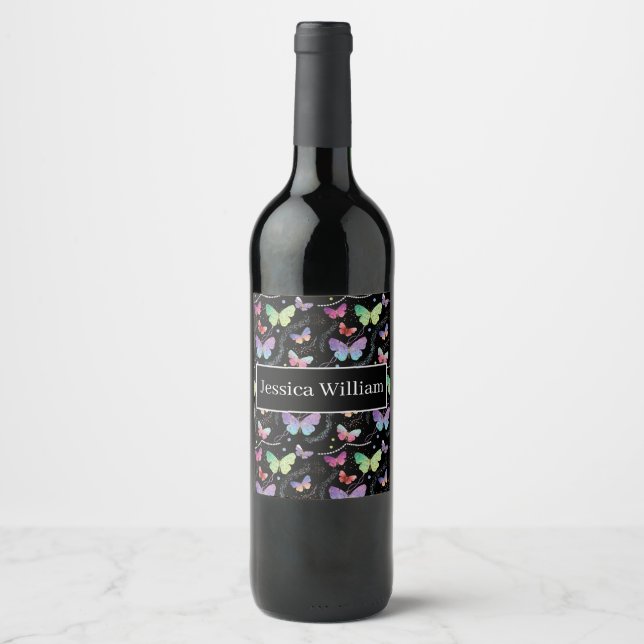 Étiquette Pour Bouteilles De Vin Élégant Papillons violets et bleus brillants (Devant)
