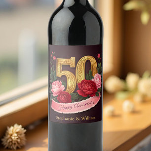 Étiquette Pour Bouteilles De Vin Elégant Peony Bouquet 50e anniversaire de Mariage
