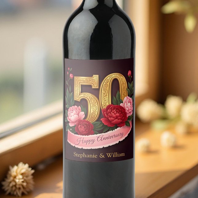 Étiquette Pour Bouteilles De Vin Elégant Peony Bouquet 50e anniversaire de Mariage (Créateur téléchargé)
