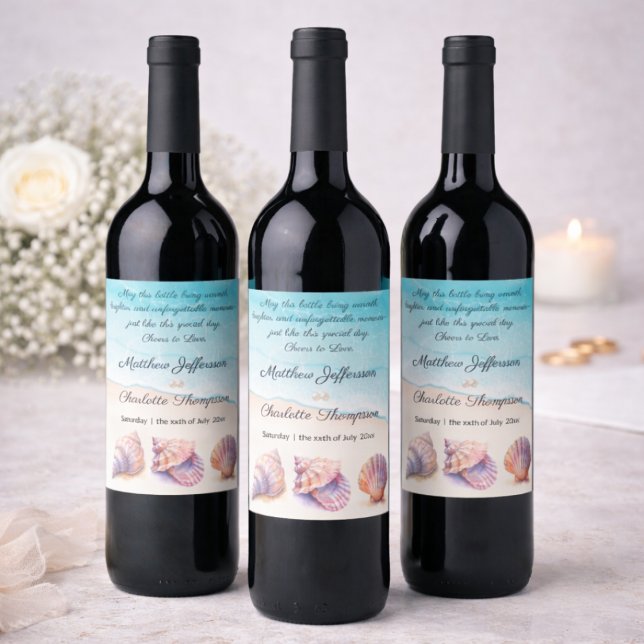 Étiquette Pour Bouteilles De Vin Elégant Plage Mariage Coquillages Perles Nautiques (Créateur téléchargé)