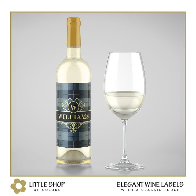 Étiquette Pour Bouteilles De Vin Élégant Plaid Noir et Or Monogrammé (Créateur téléchargé)