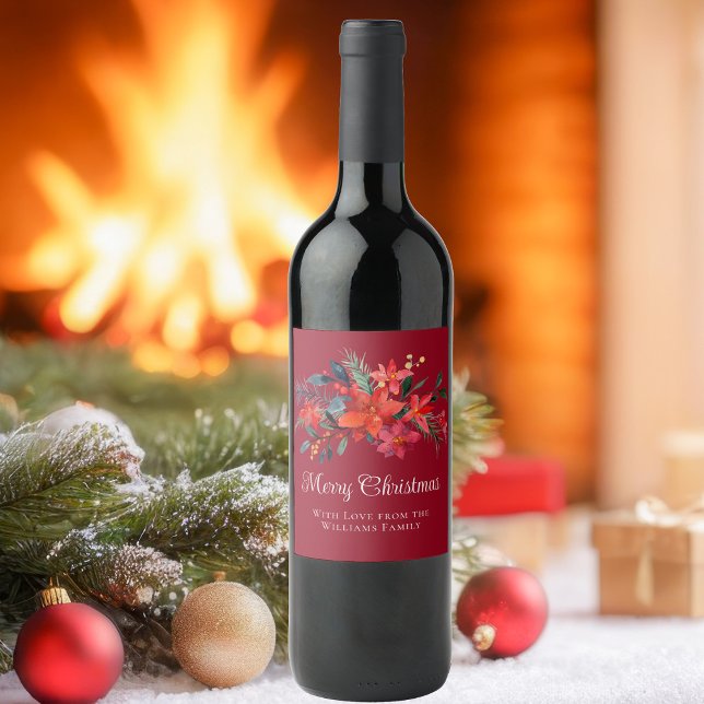 Étiquette Pour Bouteilles De Vin Élégant Poinsettia Rouge Personnalisé Joyeux Noël (Créateur téléchargé)