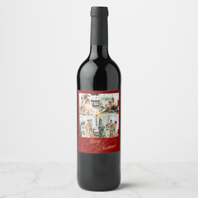 Étiquette Pour Bouteilles De Vin Elegant Red & Gold Merry Christmas Family Photo -  (Devant)