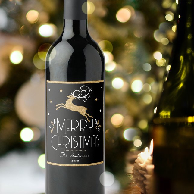Étiquette Pour Bouteilles De Vin Élégant renne de Noël Festif Black Gold (Créateur téléchargé)