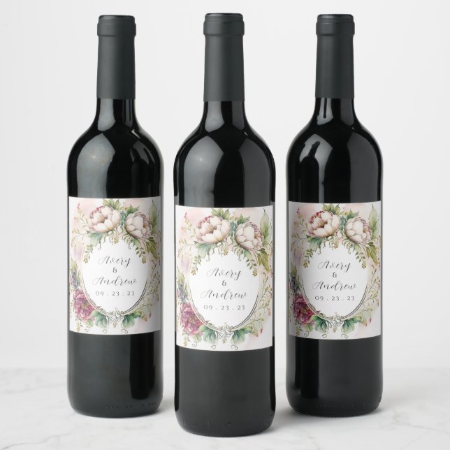 Étiquette Pour Bouteilles De Vin Élégant Romantique Rustique Floral Mariage Carré B (Bouteilles)