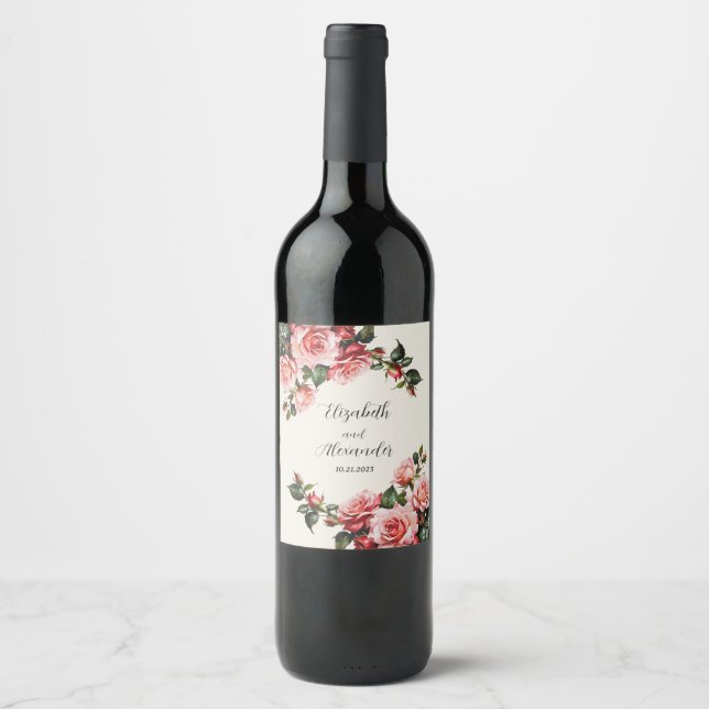 Étiquette Pour Bouteilles De Vin Élégant rose et roses rouges mariage floral (Devant)