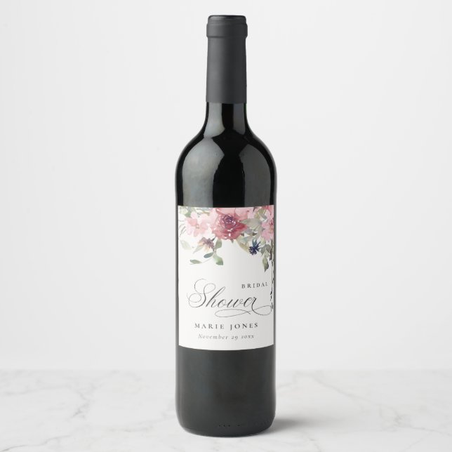 Étiquette Pour Bouteilles De Vin Élégant Rose Foncé Floral Shower de Mariage (Devant)