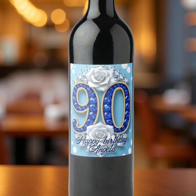 Étiquette Pour Bouteilles De Vin Elégant Royal Blue Diamond 90e anniversaire (Créateur téléchargé)
