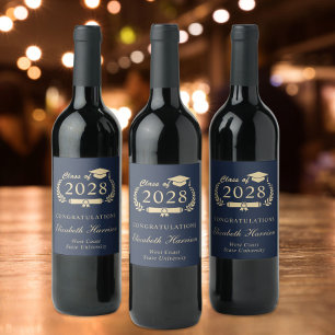 Étiquette Pour Bouteilles De Vin Élégant Script Blue Gold Graduation