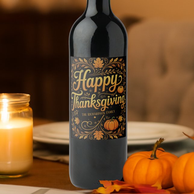 Étiquette Pour Bouteilles De Vin Élégant Script Or Joyeux Thanksgiving Automne (Créateur téléchargé)