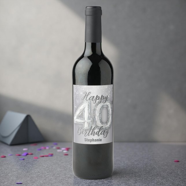 Étiquette Pour Bouteilles De Vin Elégant Silver Gemstone Fête du 40e anniversaire (Créateur téléchargé)