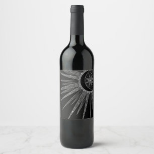 Étiquette Pour Bouteilles De Vin Elégant Silver Sun Moon Mandala Black Design