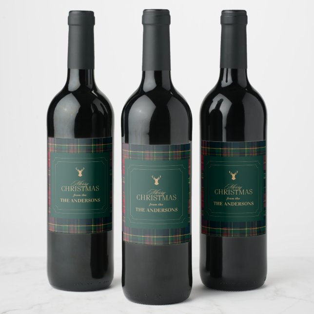 Étiquette Pour Bouteilles De Vin Elegant Tartan Plaid Merry Christmas Family Name (Bouteilles)