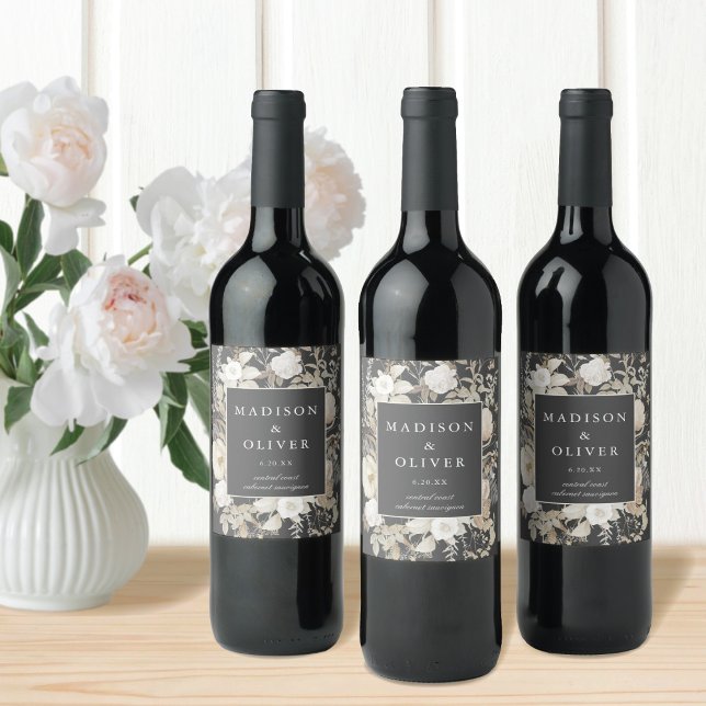 Étiquette Pour Bouteilles De Vin Élégant Terreux Floral Gris Foncé Mariage  (Créateur téléchargé)