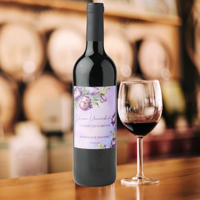 Étiquette Pour Bouteilles De Vin Élégant tourterelles violettes lilas glyteria mari (Elegant purple peonies lilac wisteria wedding wine label toast to forever personalized labels lilac)
